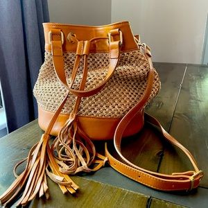 Genuine Leather and Straw Crossbody Bucket Bag